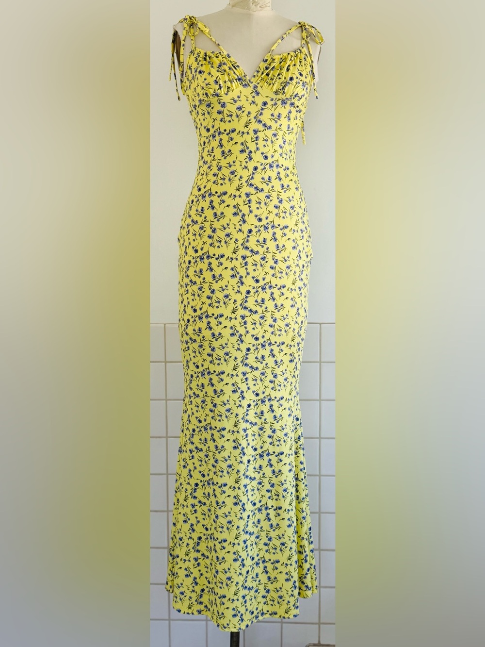 Yellow Lavender Floral Print Maxi Slip Dress Spaghetti Straps Sz: L NWOT